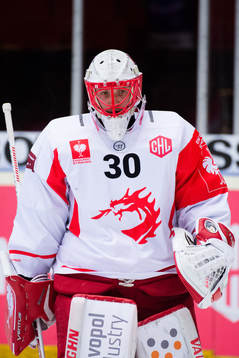 Goalkeeper Simon Hrubec of Ocelari Trinec