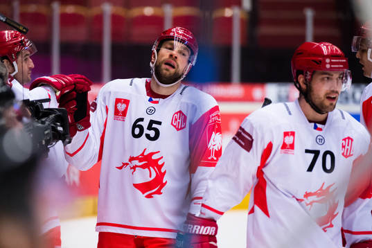 Tomas Marcinko of Ocelari Trinec celebrates the 1-3 goal
