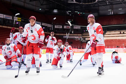 Daniel Rakos and Martin Adamsky of Ocelari Trinec celebrates