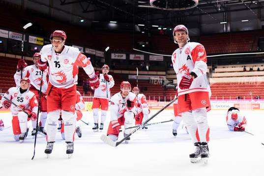 Daniel Rakos and Martin Adamsky of Ocelari Trinec celebrates