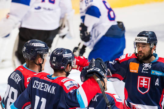 Peter Ceresnak of Slovakia celebrates with his teammates