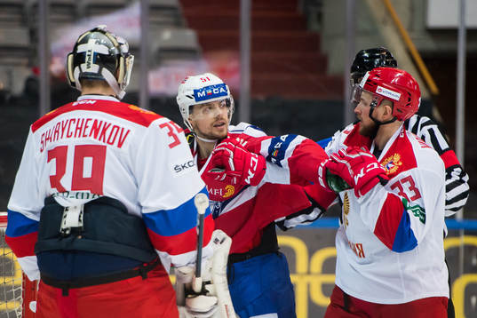 Goaltender Aleksandr Sharychenkov of Russia, Mats Rosseli