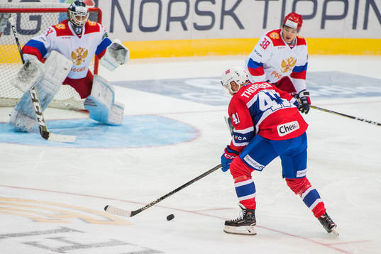 Goaltender Aleksandr Sharychenkov of Russia, Patrick