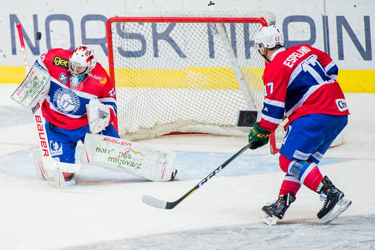 Goaltender Henrik Haukeland of Norway and Stefan Espeland