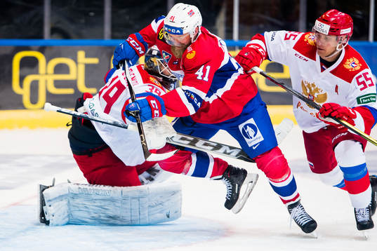 Goaltender Aleksandr Sharychenkov of Russia, Patrick