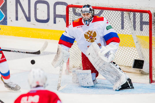 Goaltender Aleksandr Sharychenkov of Russia