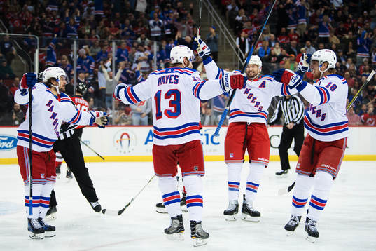 Rangers Mats Zuccarello, Kevin Hayes, Rick Nash och Marc