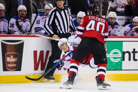 Devils Blake Coleman tacklar Rangers Jesper Fast