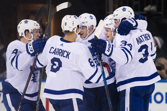 Maple Leafs Morgan Reilly, Connor Carrick, Zach Hyman,