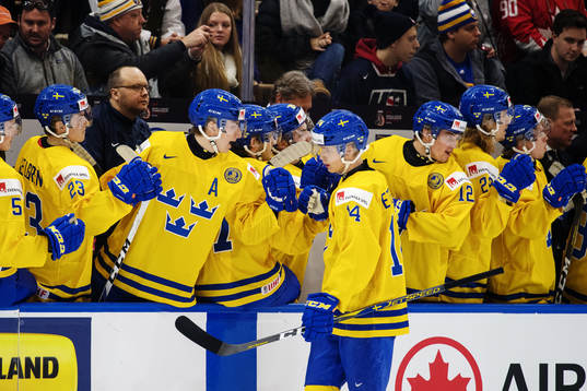 Sveriges Elias Pettersson jublar med lagkamrater