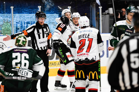 Malmö Redhawks Rhett Rakhshani jublar med Robin Alvarez