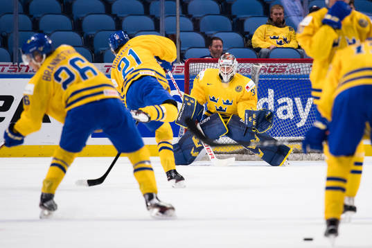Sveriges spelare värmer upp med målvakt Filip Gustavsson