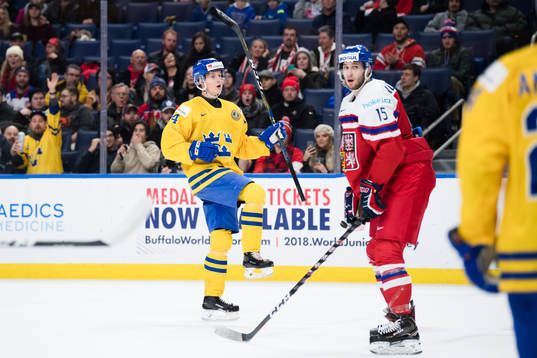 Sveriges Elias Pettersson jublar samtidigt som Tjeckiens