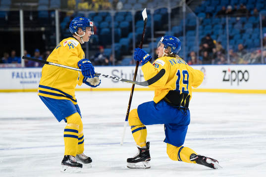 Sveriges Elias Pettersson och Alexander Nylander jublar