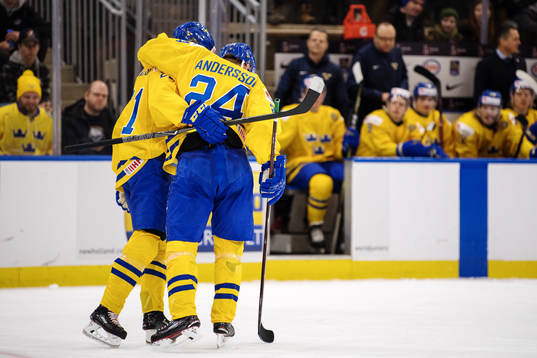Sveriges Jesper Boqvist hjälper Lias Andersson av isen