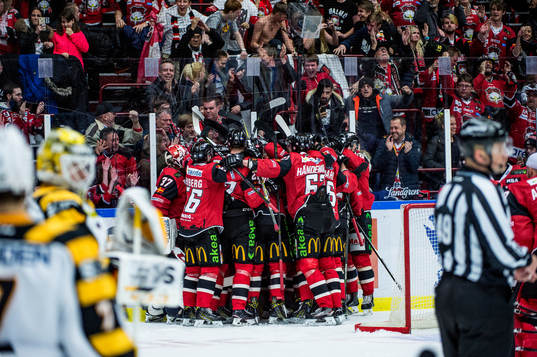 Malmö Redhawks spelare jublar med fansen