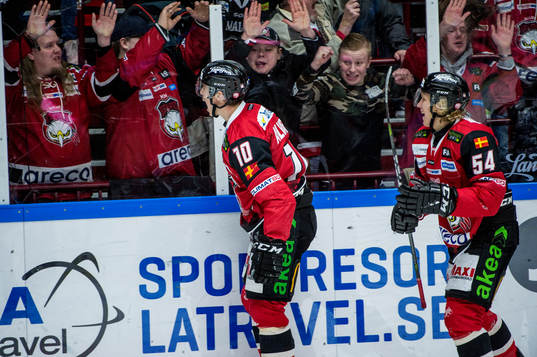 Malmö Redhawks Robin Alvarez och Marcus Sylvegård jublar