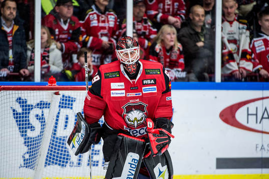 Malmö Redhawks målvakt Oscar Alsenfelt deppar när han