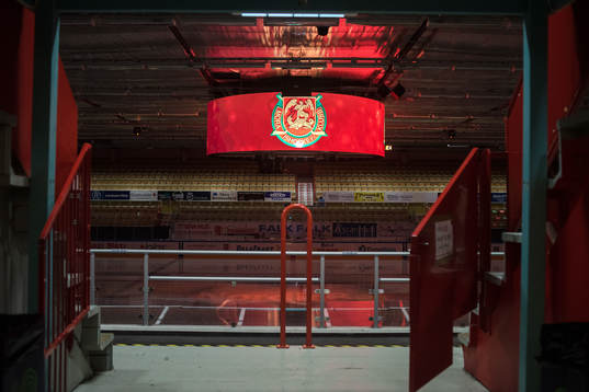 Mediakuben före ishockeymatchen i SHL mellan Mora och