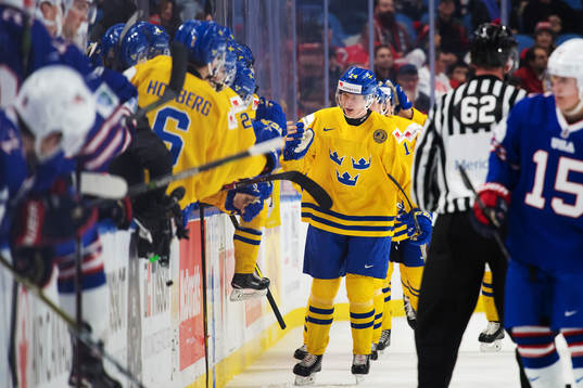 Sveriges Elias Pettersson jublar med lagkamrater