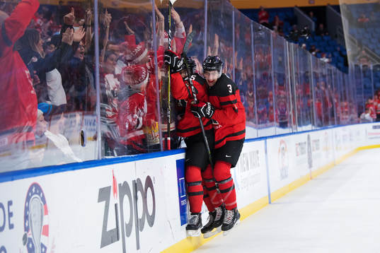 Kanadas Jordan Kyrou och Conor Timmins jublar