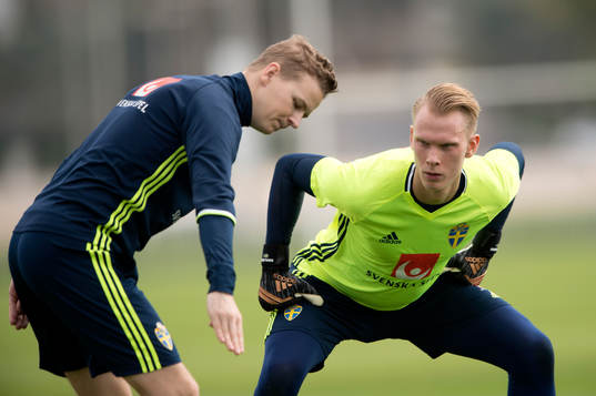 Sveriges Pontus Dahlberg instruerar av målvaktstränare
