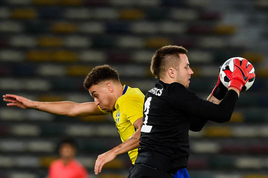 Sveriges Jordan Larsson och Estlands målvakt Marko Meerits