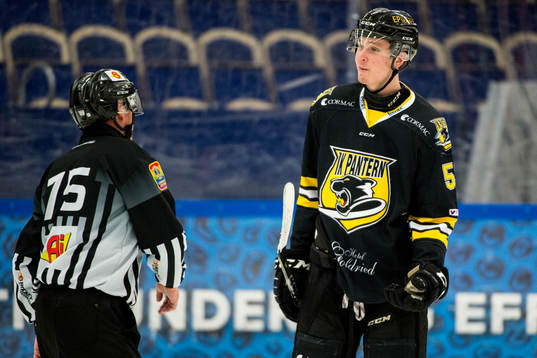 Panterns Jesper Mångs i samtal med domaren