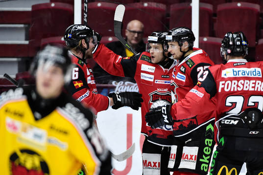 Malmö Redhawks Johan Olofsson jublar med lagkamrater