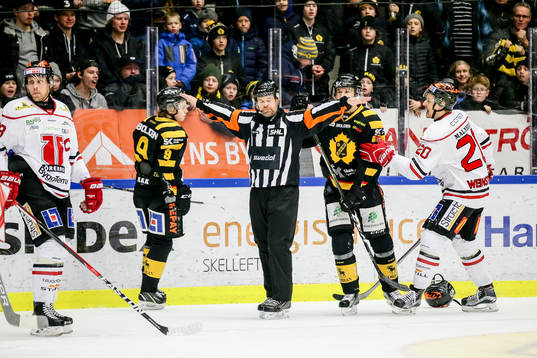 Domare Patrik Sjöberg dömer bort ett mål för Skellefteå