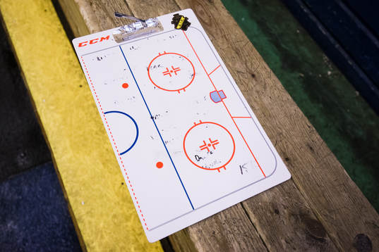 En taktiktavla i ett avbytarbås <innan ishockeymatchen i