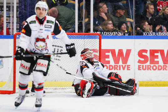 Malmö Redhawks Nils Andersson och målvakt Oscar Alsenfelt