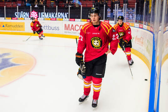 Brynäs Lucas Carlsson före ishockeymatchen i SHL mellan