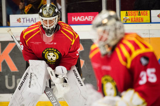 Brynäs målvakt Linus Fernström och målvakt David Rautio