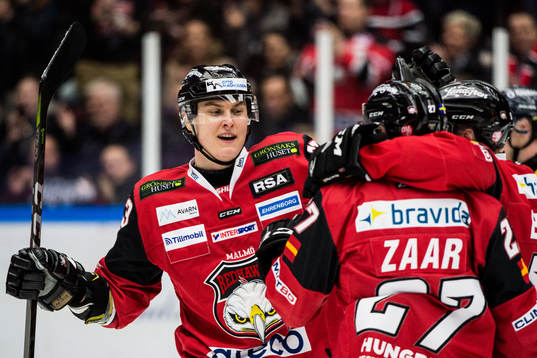 Malmö Redhawks Fredrik Händemark jublar med Daniel Zaar