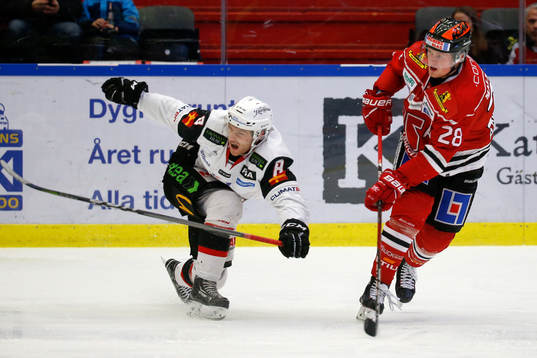 Malmö Redhawks Johan Olofsson försöker täcka skott