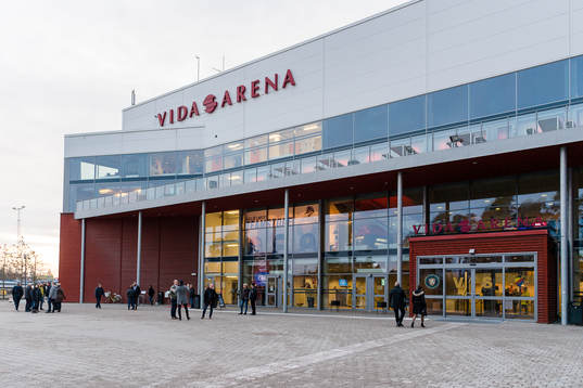 Generell exteriör vy av Vida arena före ishockeymatchen i