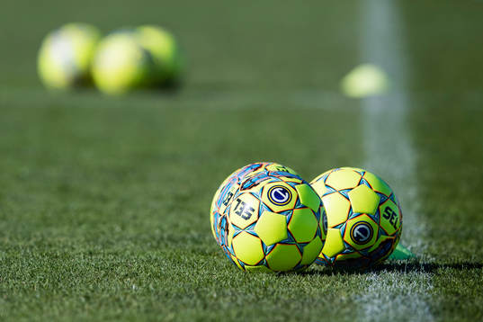 Tre fotbollar ligger på gräset