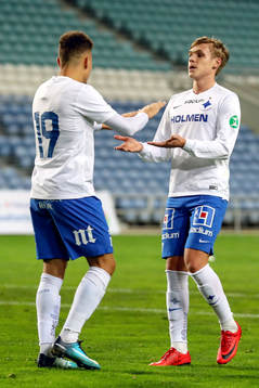 Norrköpings Jordan Larsson och Arnór Sigurdsson jublar