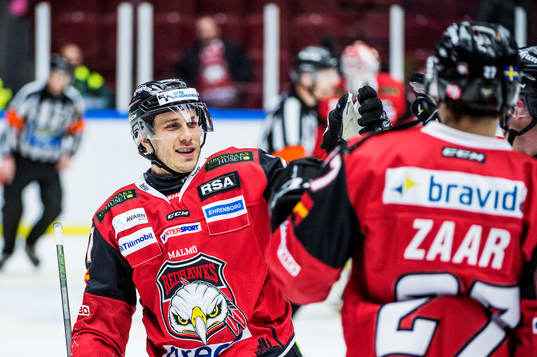 Malmö Redhawks Andy Miele jublar med Daniel Zaar