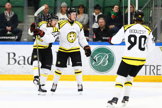 Brynäs Linus Ölund jublar med Kevin Clark