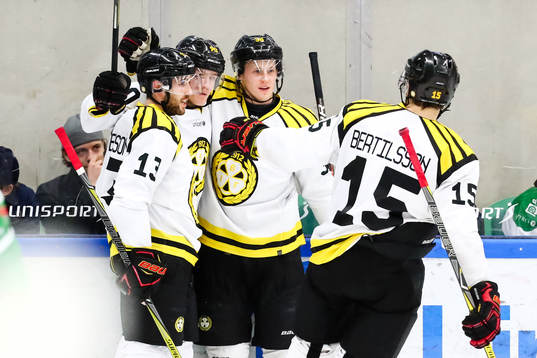 Brynäs Ryan Gunderson , Linus Ölund och /jublar med