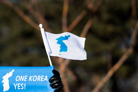 The flag of a united Korea is seen