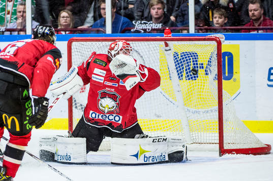 Malmö Redhawks målvakt Jonas Gunnarsson ser 1-4 gå in i
