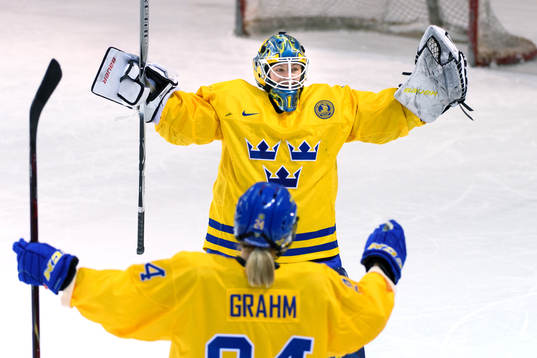 Goaltender Sara Grahn of Sweden celebrates