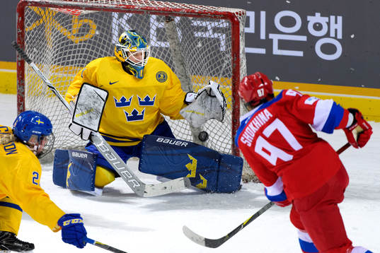 Goaltender Sara Grahn of Sweden saves a shot from Anna