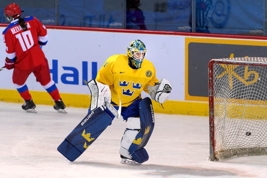 Goaltender Sara Grahn of Sweden celebrates