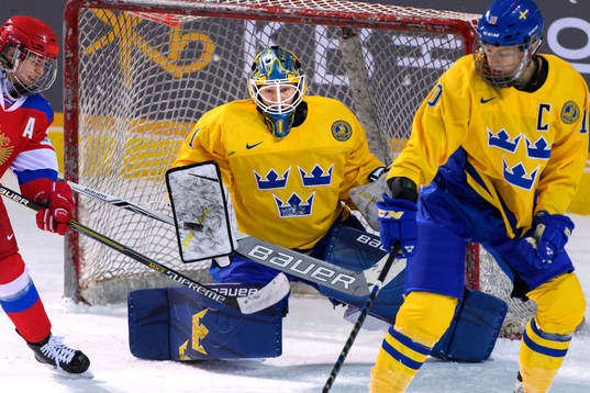Goaltender Sara Grahn of Sweden saves a shot