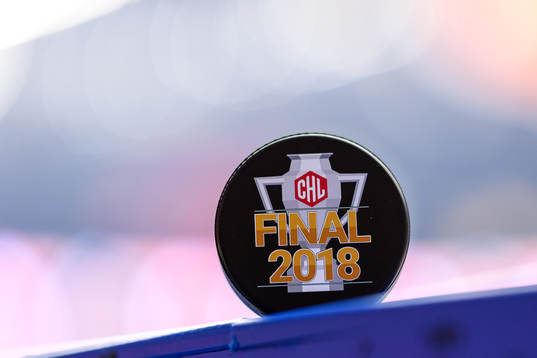 Match puck prior to the CHL final game between Växjö and