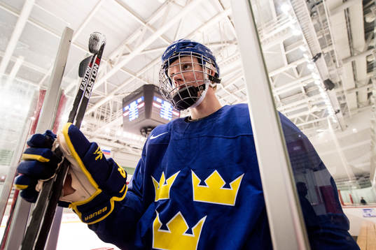 Rasmus Dahlin of Sweden leaves the ice